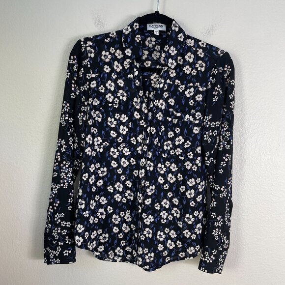 Express Portofino Shirt Womens XS Slim Button Up Floral Blouse Roll Tab Sleeve - Picture 1 of 8